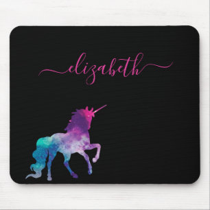 Unicorn black purple pink monogram script mouse pad