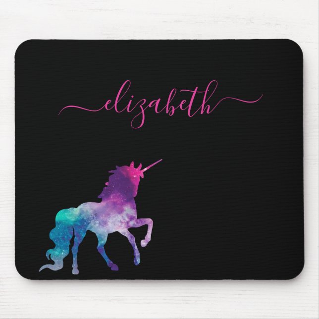 Unicorn black purple pink monogram script mouse pad (Front)