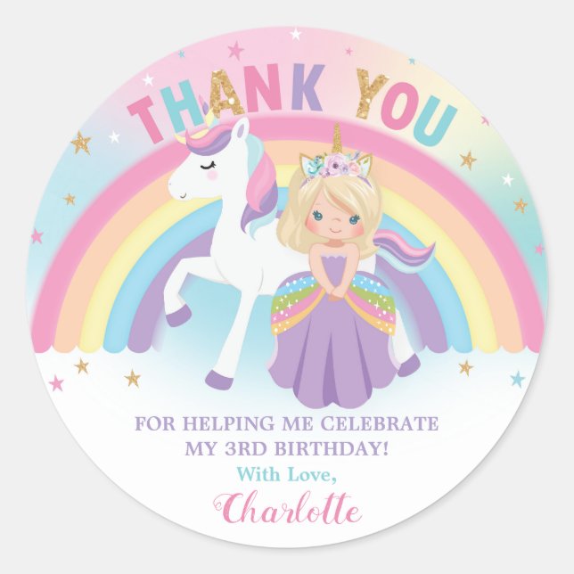 Unicorn Blonde Princess Birthday Thank You Favour Classic Round Sticker (Front)