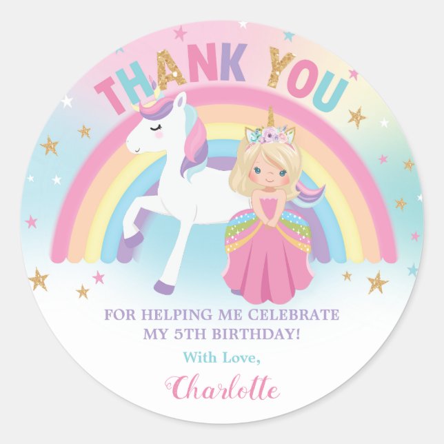 Unicorn Blonde Princess Birthday Thank You Favour Classic Round Sticker (Front)