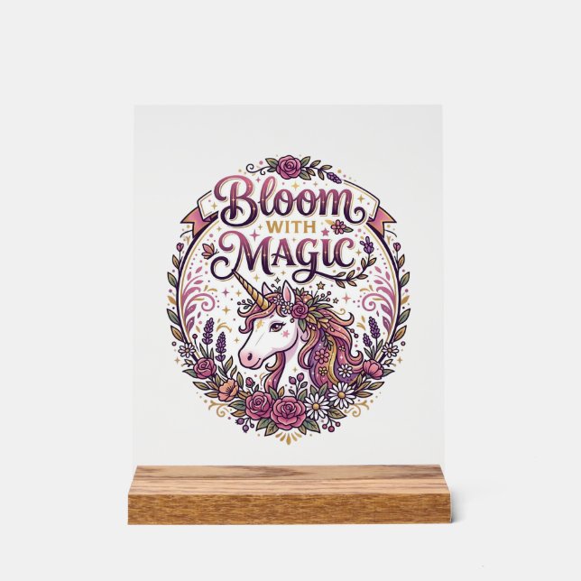 Unicorn Bloom with Magic POD Ready White Backgroun Acrylic Sign (Front)