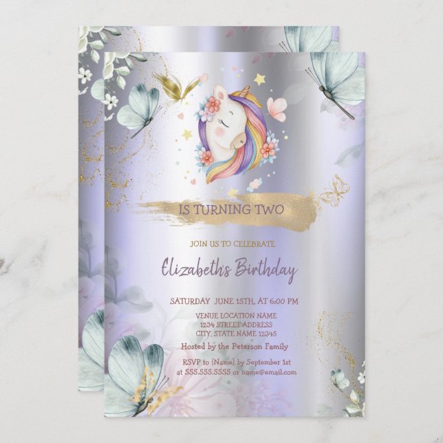 Unicorn Blue Butterflies Violet Metallic Birthday  Invitation (Front/Back)