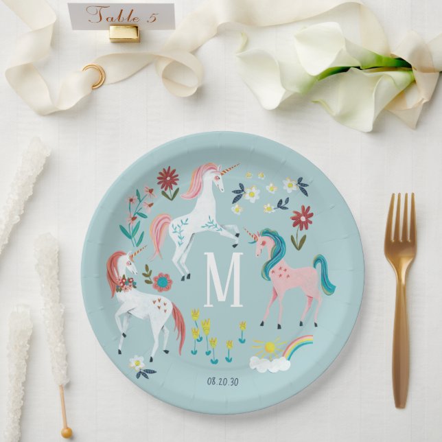Unicorn blue cute magical girls monogram birthday paper plate (Wedding)