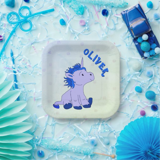 Unicorn Blue Dot Pattern Girl Birthday  Paper Plate (Party)