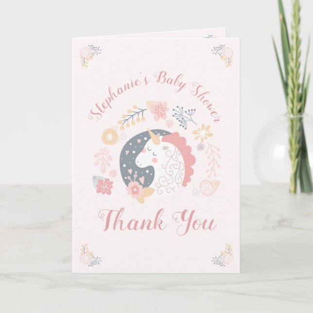 Unicorn Blush Florals Baby Shower Personalised Thank You Card (Front)