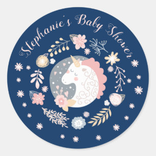 Unicorn Blush & Navy Baby Shower Personalised Classic Round Sticker
