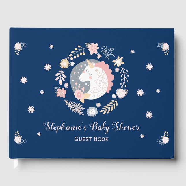 Unicorn Blush & Navy Baby Shower Personalised Guest Book (Front)
