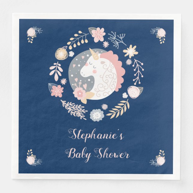 Unicorn Blush & Navy Baby Shower Personalised Napkin (Front)