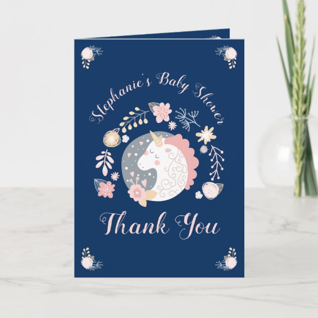 Unicorn Blush & Navy Baby Shower Thank You Card (Front)