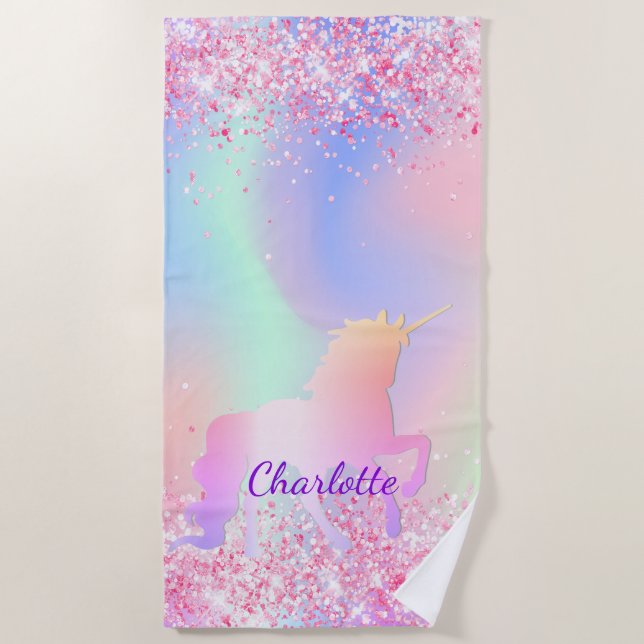 Unicorn blush pink purple glitter name girl beach towel (Front)
