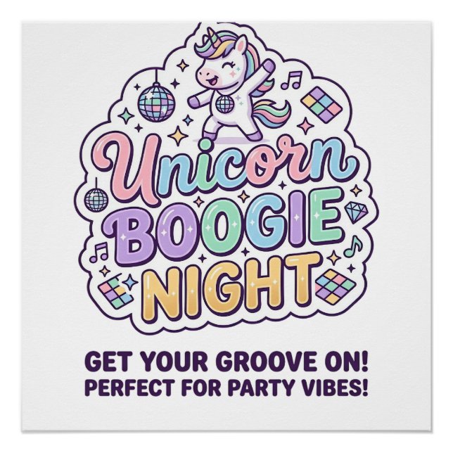 Unicorn Boogie Night Bold Typography Graphic Tee D Poster (Front)