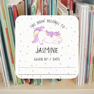 Unicorn book sticker, bookplate, library square sticker