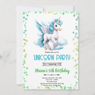 Unicorn boy birthday party invitation