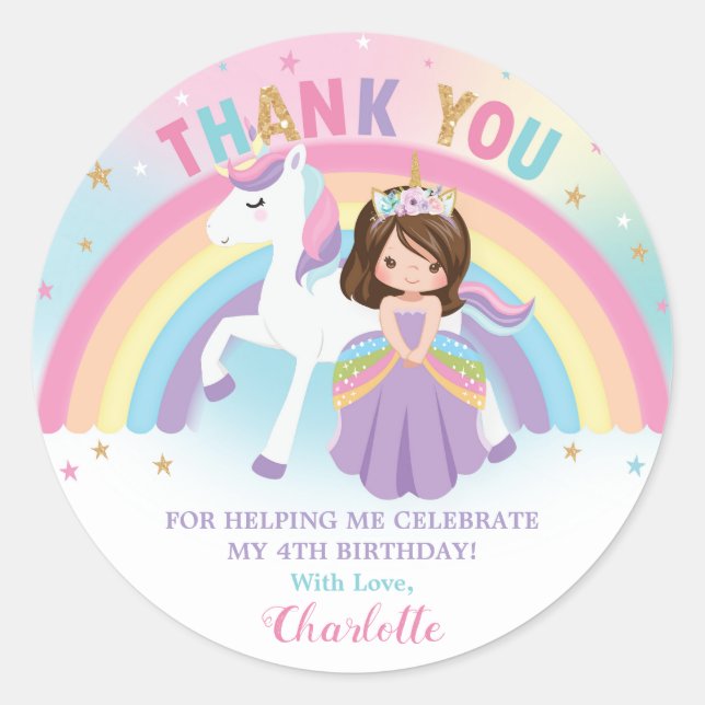 Unicorn Brunette Princess Birthday Thank You Favou Classic Round Sticker (Front)