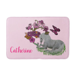 Unicorn Butterflies And Flowers Personalised   Bath Mat
