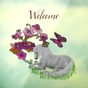 Unicorn Butterflies And Flowers Welcome