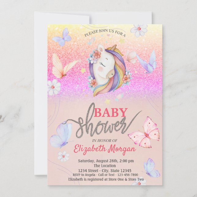 Unicorn Butterflies Glitter Baby Shower Invitation (Front)
