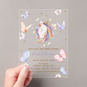Unicorn Butterflies Glitter Violet Baby Shower Acrylic Invitations
