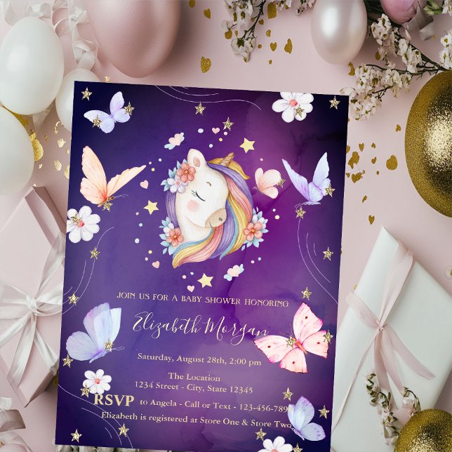 Unicorn Butterflies Glitter Violet Baby Shower Invitation (Creator Uploaded)