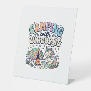 Unicorn Camping with Unicorns Kawaii Sticker and S Pedestal Sign