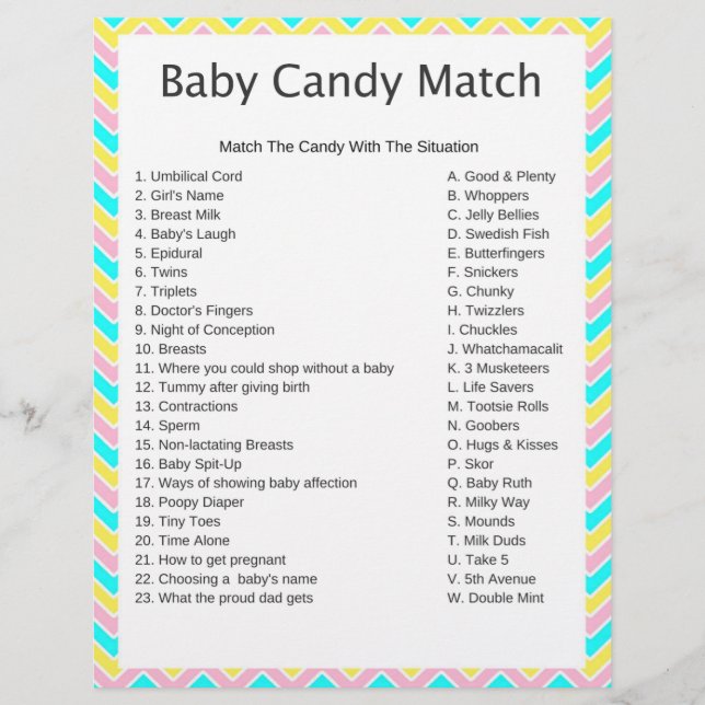 Unicorn Candy Match Baby Shower Game (Front)