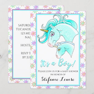 Unicorn Cartoon Blue Dapple It's a Boy! Invitation