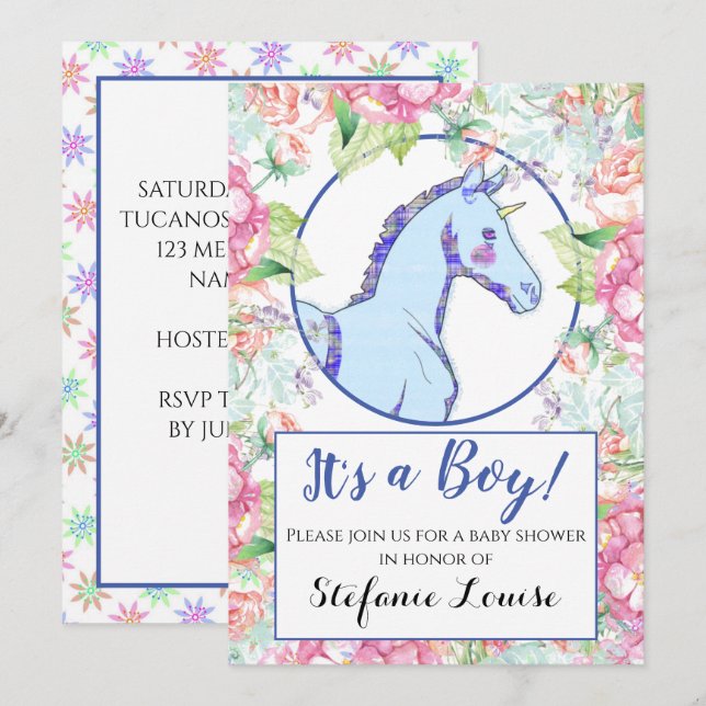Unicorn Cartoon Blue Splatter It's a Boy! Invitation (Front/Back)
