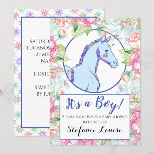 Unicorn Cartoon Blue Splatter It's a Boy! Invitation