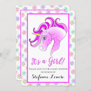 Unicorn Cartoon Purple Dapple It's a Girl! Invitation