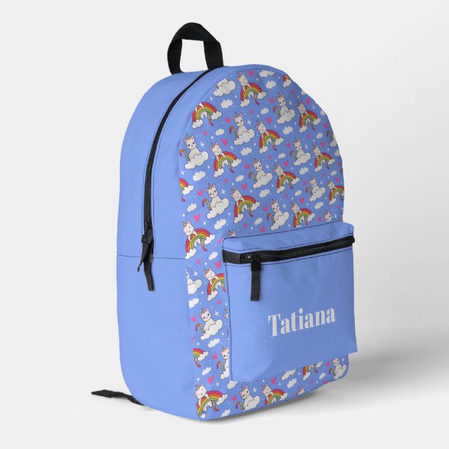 Unicorn cat animals on rainbows pattern printed backpack (Back Corner Left)
