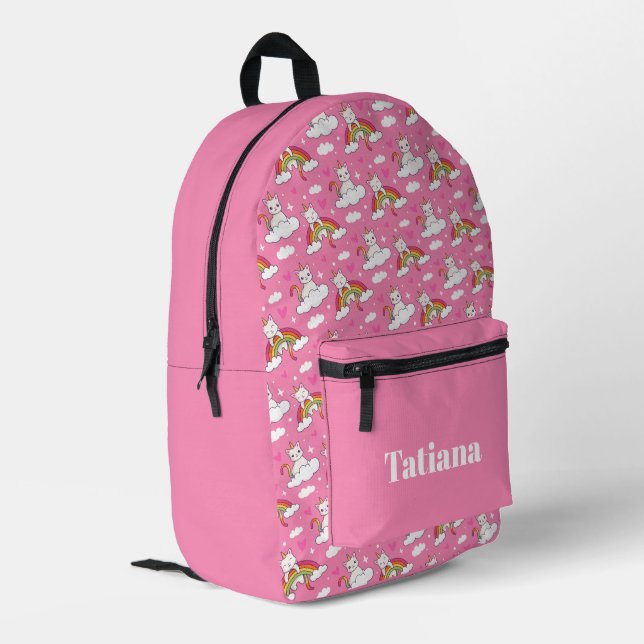 Unicorn cat animals on rainbows pattern printed backpack (Back Corner Left)