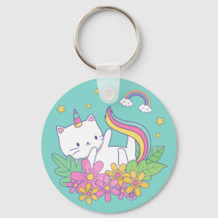 Unicorn cat, caticorn, rainbow key ring