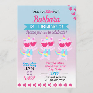 Unicorn Cat Heart Cartoon Invitation