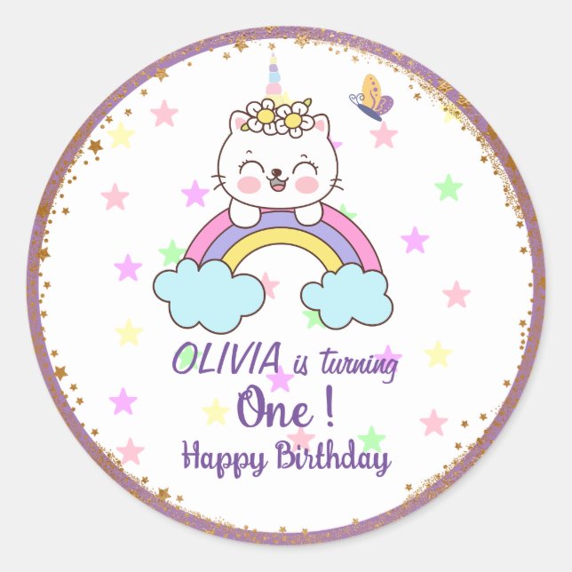 Unicorn Cat Rainbow Golden Purple 1st Birthday  Classic Round Sticker (Front)