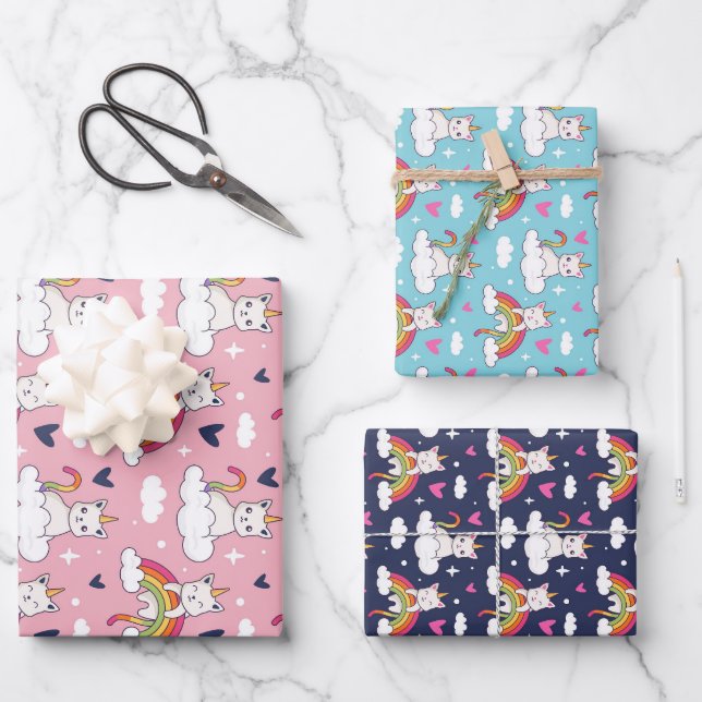 Unicorn Cat Rainbow Pattern Cute Valentine's Day Wrapping Paper Sheet (Front)