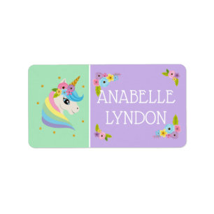 Unicorn Child School Name Labels Editable Colour