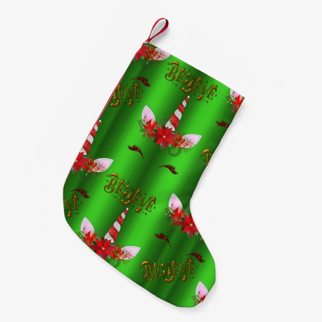 Unicorn Christmas Believe Green Small Christmas Stocking (Front (Hanging))