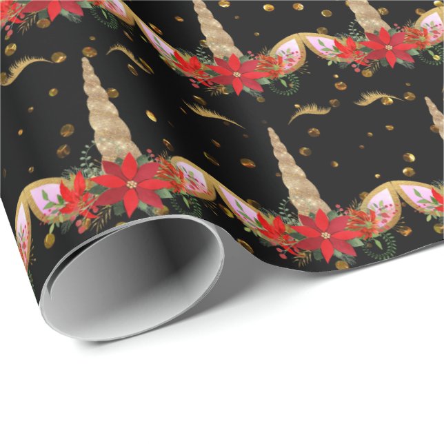Unicorn Christmas Holiday Black Red Gold Glitter Wrapping Paper (Roll Corner)