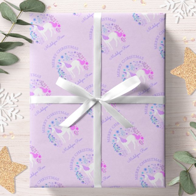 Unicorn Christmas Holiday Personalized Purple Wrapping Paper (Creator Uploaded)