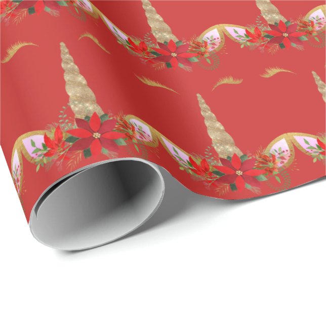 Unicorn Christmas Holidays Floral Joy Gold Red Wrapping Paper (Roll Corner)