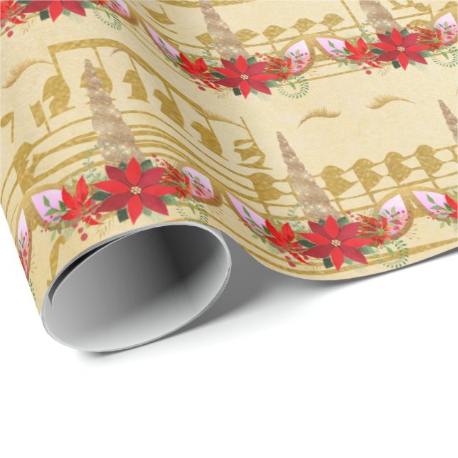 Unicorn Christmas Holidays Floral Music Gold Red Wrapping Paper (Roll Corner)
