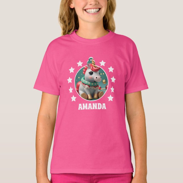 Unicorn Christmas Personalised Kids Pink T-Shirt (Front)