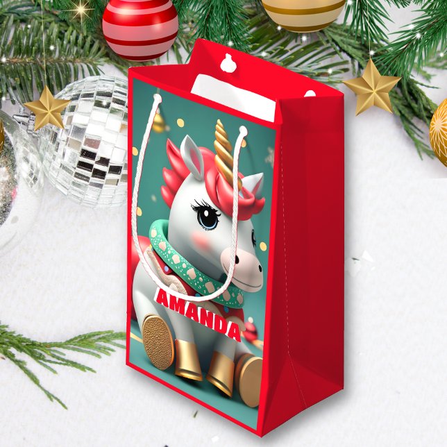Unicorn Christmas Personalised Kids Red Small Gift Bag (Creator Uploaded)