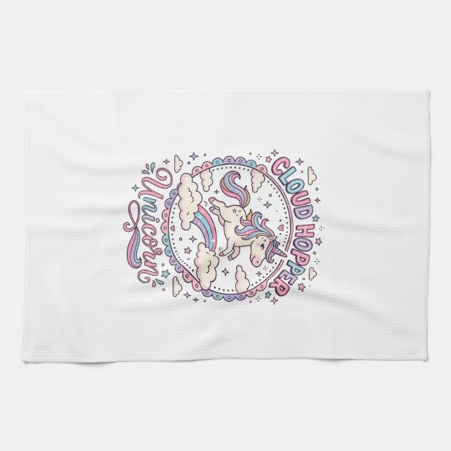 Unicorn Cloud Hopper Unicorn Playful Cute Gift Des Tea Towel (Horizontal)