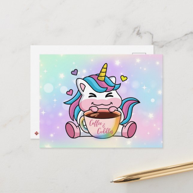 Unicorn Coffee and Cuddles Postcard (Front/Back In Situ)