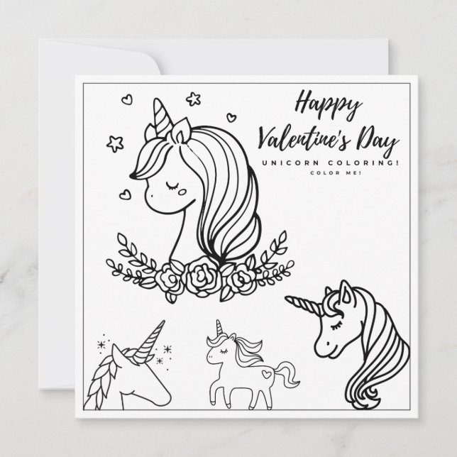 Unicorn Colouring Girl Card Happy Valentine's Day (Front)