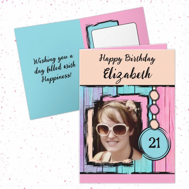 Unicorn colours faux wood add photo 21st birthday card (Creator Uploaded)