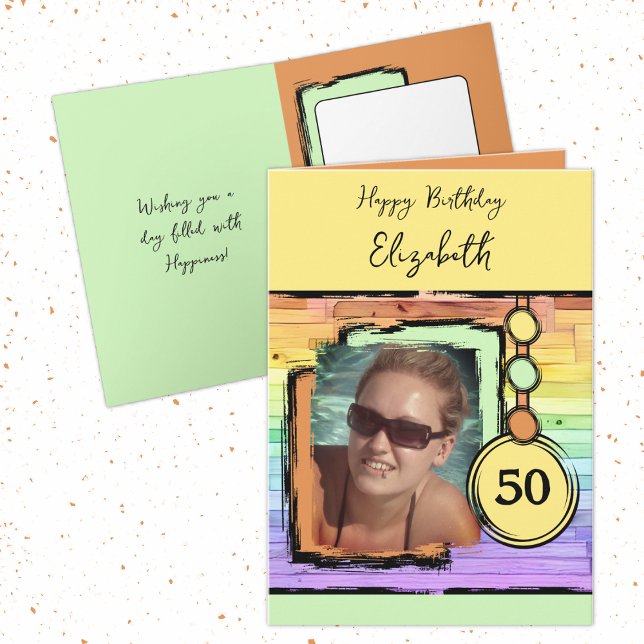 Unicorn colours faux wood add photo 50th birthday card (Creator Uploaded)