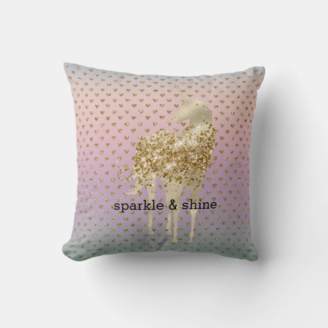 Unicorn Confetti Ombre Gold Glitter Hearts Cushion (Front)