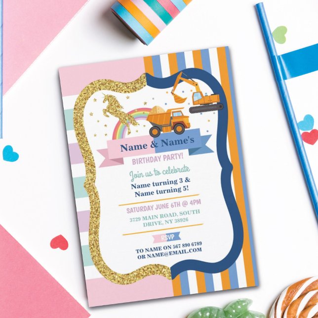 Unicorn & Construction Joint Boy Girl Birthday Invitation (Creator Uploaded)